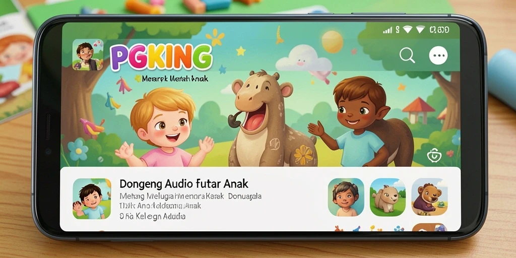 Antarmuka PGKING yang ramah anak dengan berbagai pilihan dongeng audio.