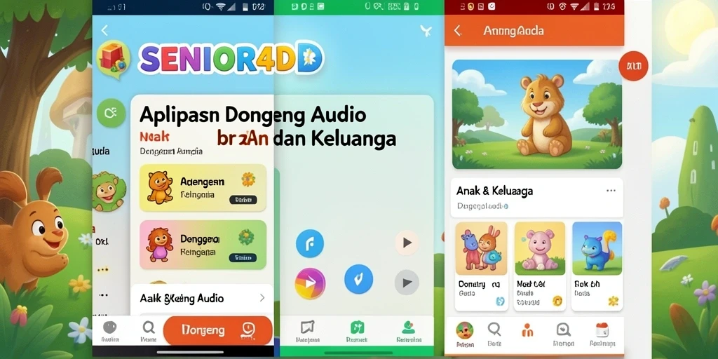 Antarmuka pengguna <strong>SENIOR4D</strong> yang cerah dan ramah anak untuk mendengarkan dongeng.